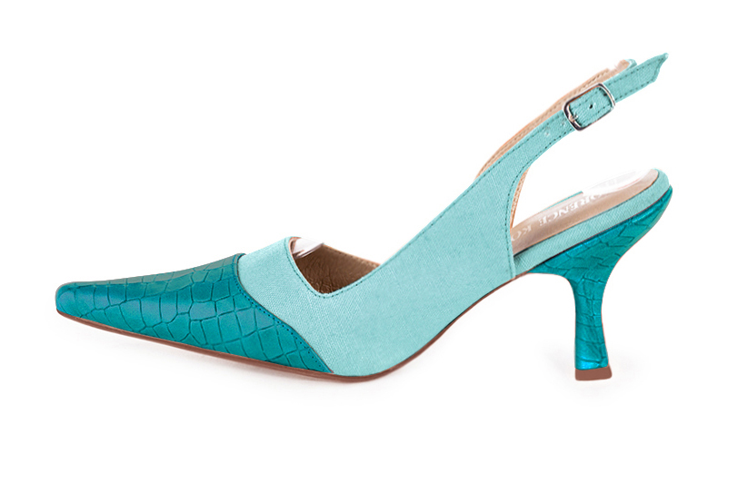 Turquoise blue women's slingback shoes. Pointed toe. High spool heels. Profile view - Florence KOOIJMAN